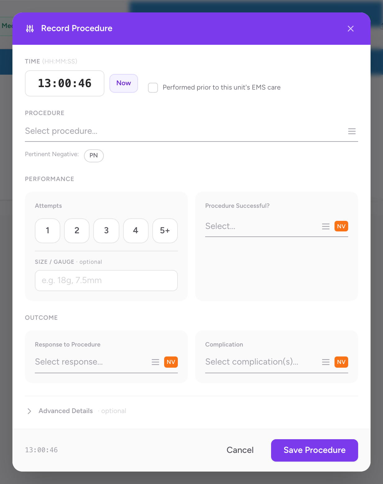 The Record Procedure modal open over the Timeline tab with fields for procedure type, time, and performer.