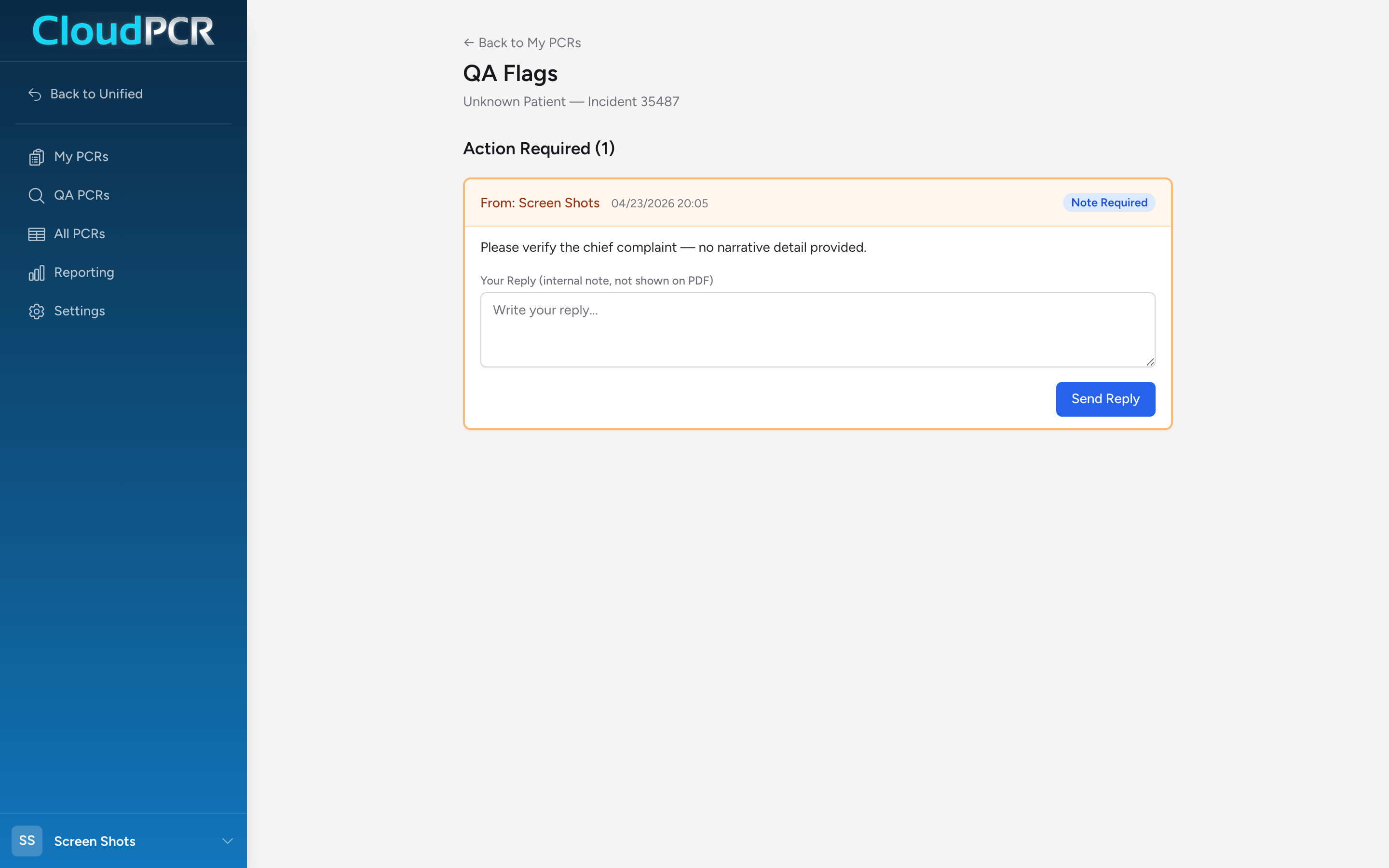 The QA Flags page for a PCR showing an Action Required flag from the reviewer and a Your Reply text area beneath it.