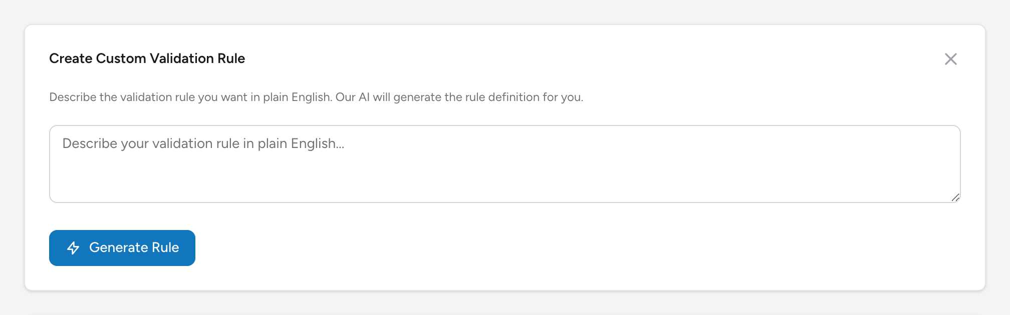 The Create Custom Validation Rule form with the plain-English description box and the Generate Rule button.