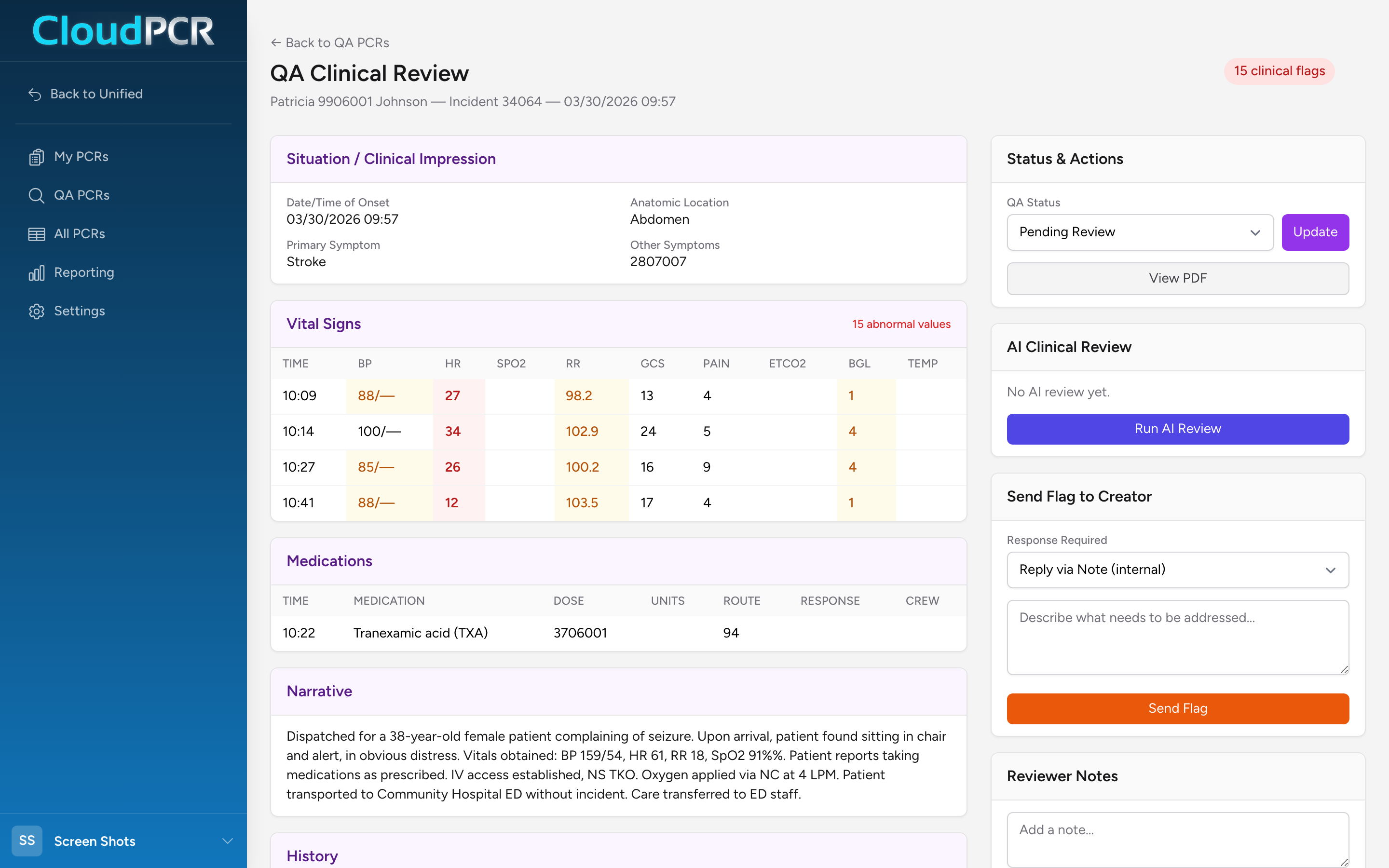 The QA Clinical Review page showing the PCR sections on the left and reviewer tools (Status & Actions, AI Clinical Review, Send Flag, Reviewer Notes) on the right.