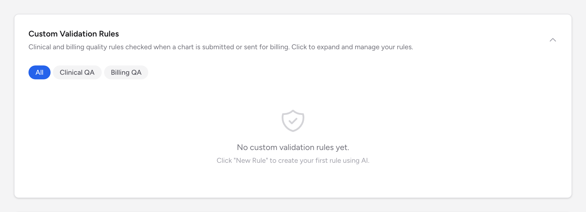 The Custom Validation Rules list with severity badges, category chips, and on/off toggles.