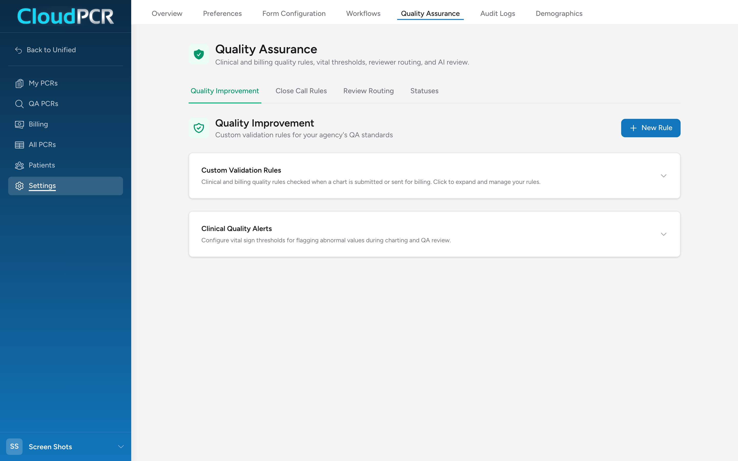 The Quality Assurance settings page with its Quality Improvement, Close Call Rules, Review Routing, and Statuses tabs.