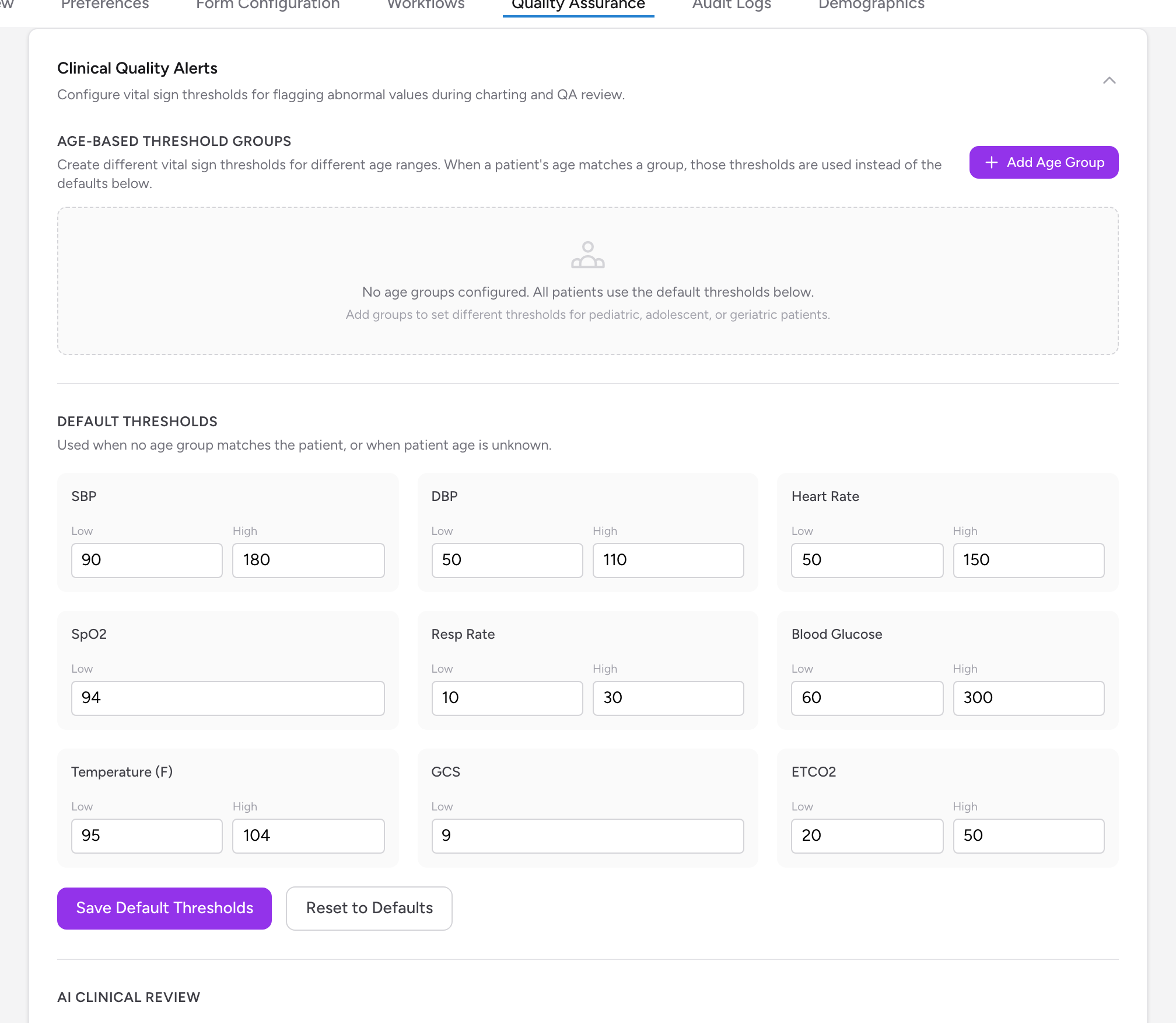 The Clinical Quality Alerts section with age-based threshold groups and the default thresholds grid.