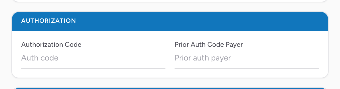 The Authorization section on the Billing tab with prior auth code fields.