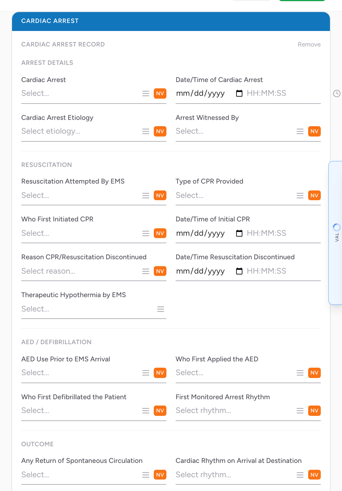 The Cardiac Arrest section on the Assessment tab expanded, showing Arrest Details, Resuscitation, AED / Defibrillation, and Outcome sub-sections.