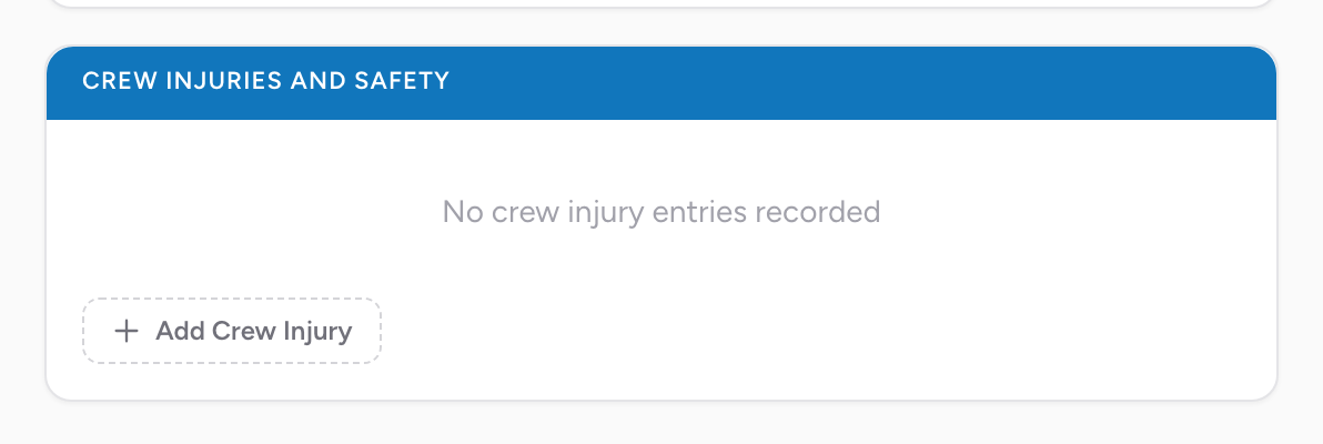 The Crew Injuries and Safety section on the Outcome tab for documenting any safety events affecting the crew.