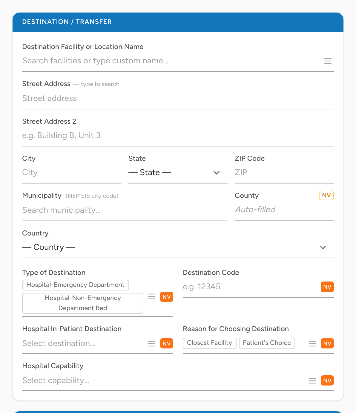 The Destination / Transfer section on the Outcome tab with facility lookup, address, and hospital capability fields.