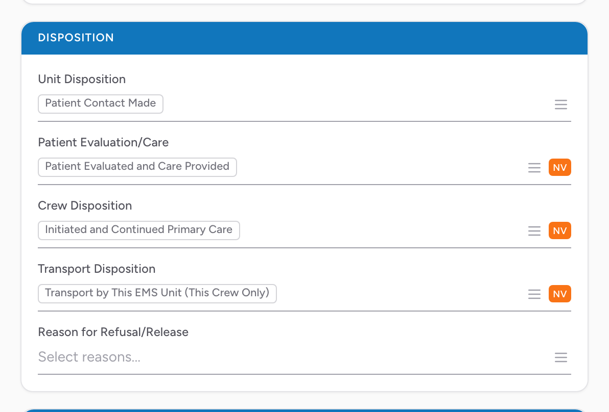 The Disposition section on the Incident tab with Unit, Patient, Crew, and Transport disposition fields.