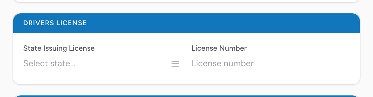 The Drivers License section on the Patient tab with issuing state and license number fields.