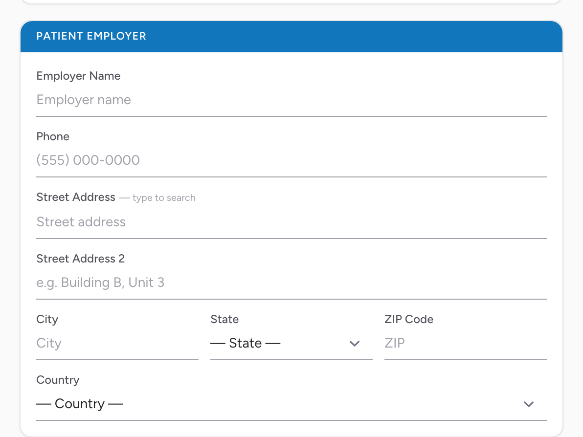 The Patient Employer section on the Billing tab for workers compensation claims.