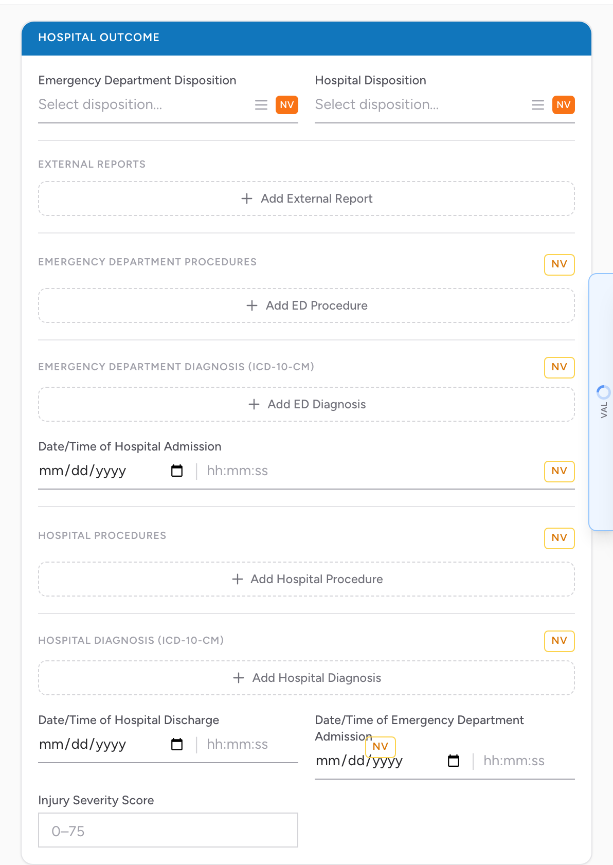 The Hospital Outcome section on the Outcome tab with ED and hospital disposition, procedures, and admission and discharge time fields.