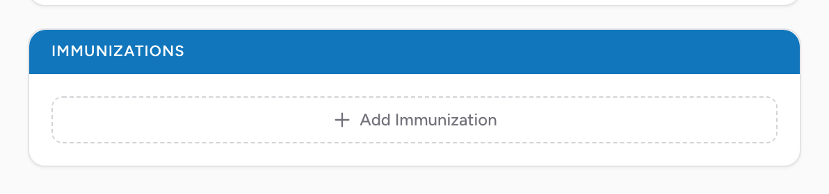 The Immunizations section on the Patient tab with type and year fields per vaccination.
