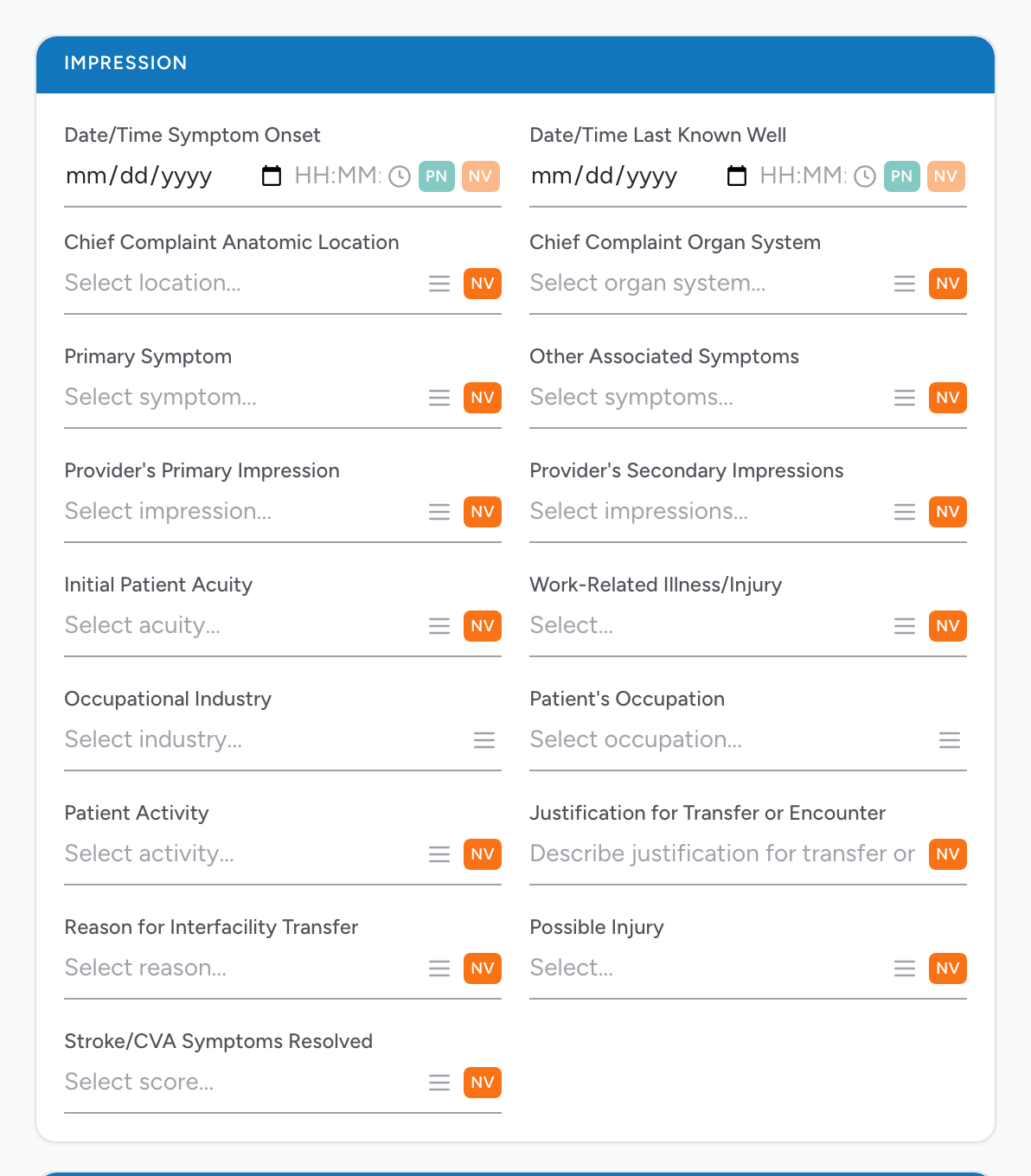 The Impression section on the Assessment tab with symptom onset, chief complaint, primary symptom, and impression fields.