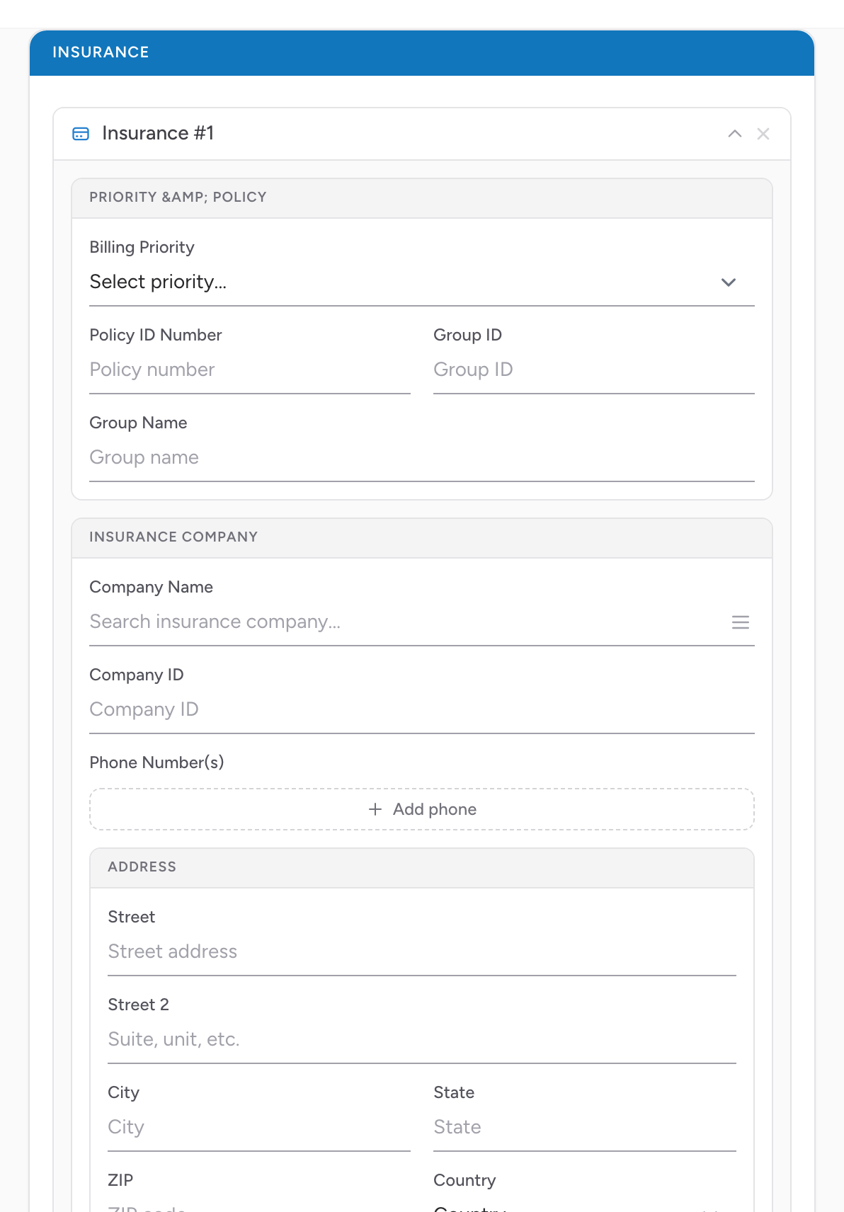 The Insurance section on the Billing tab with payer lookup and coverage details.