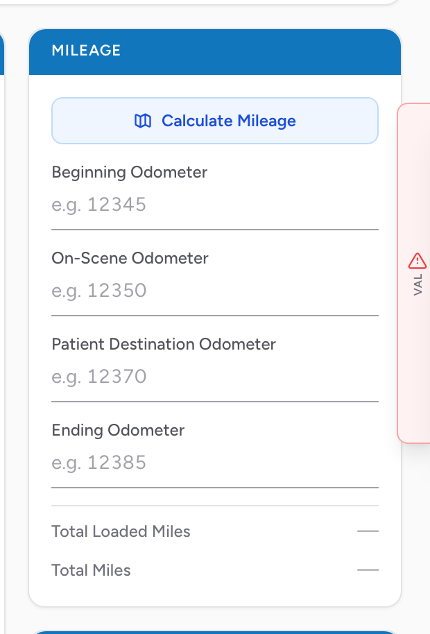 The Mileage section on the Incident tab with beginning, on-scene, patient destination, and ending odometer fields.