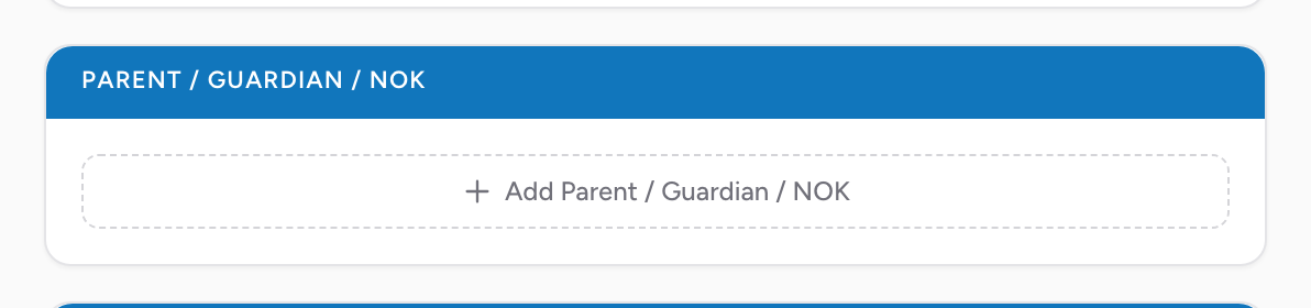 The Parent / Guardian / NOK section on the Patient tab with relationship, name, address, and contact fields.