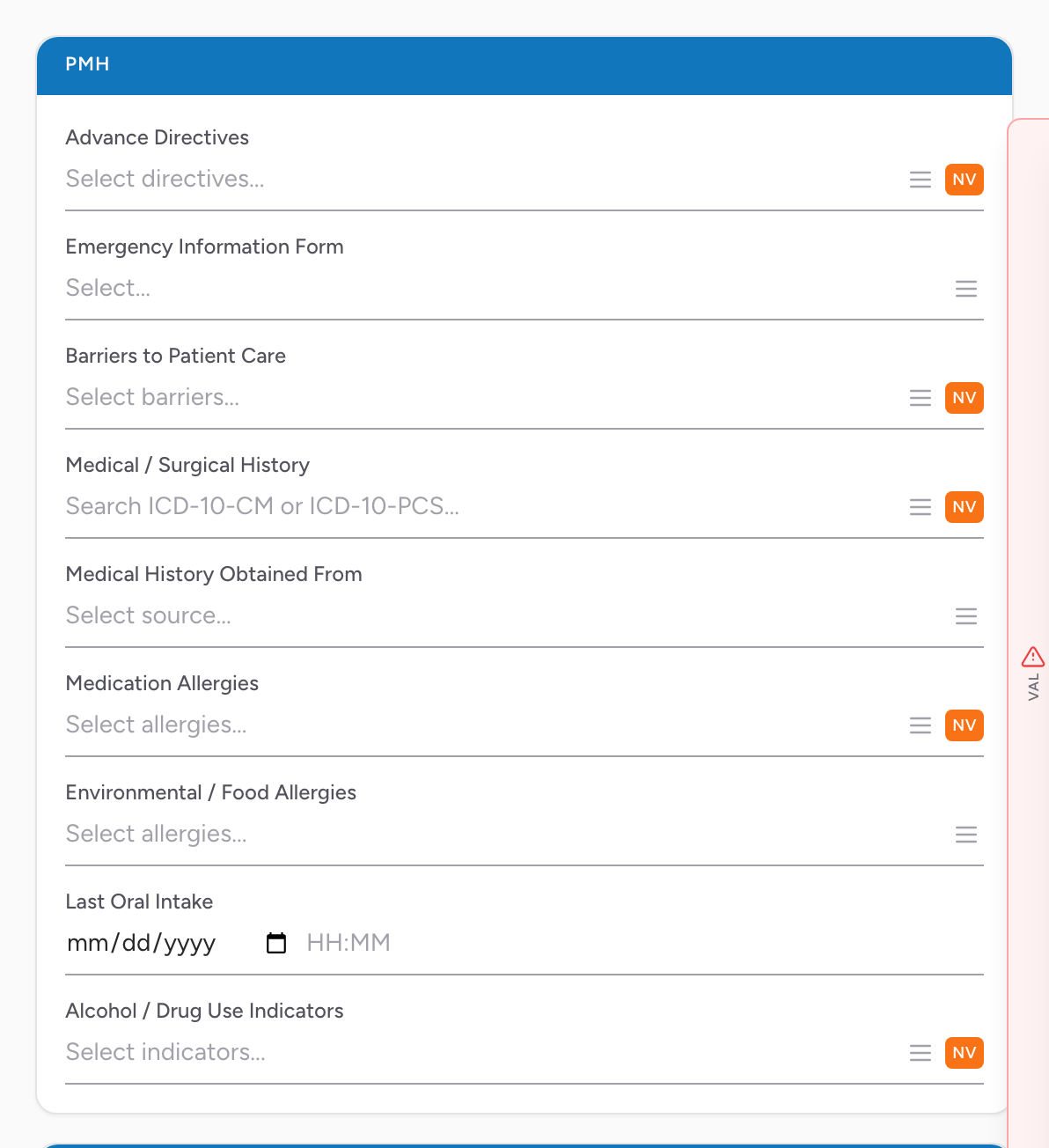 The PMH section on the Patient tab with advance directives, barriers to care, medical and surgical history, allergies, pregnancy, last oral intake, and substance use fields.