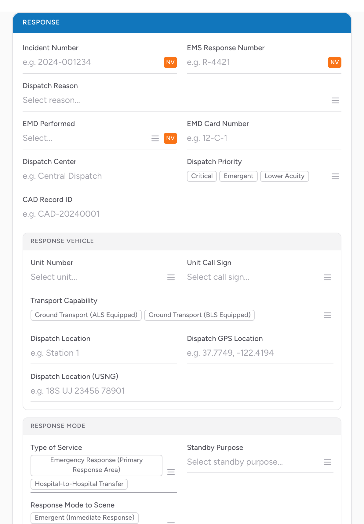 The Response section on the Incident tab showing incident number, dispatch reason, response vehicle, and response mode.
