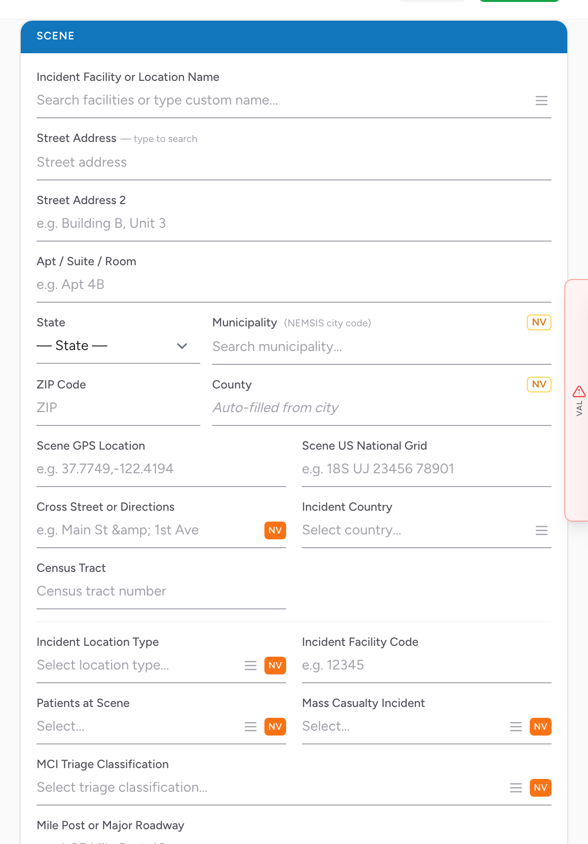 The Scene section on the Incident tab with incident facility, address, GPS, and incident location type fields.