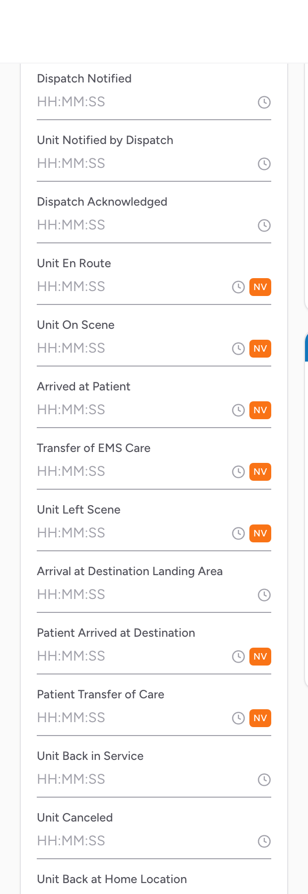 The Times section on the Incident tab with all NEMSIS timestamp fields from PSAP Call through Unit Back in Service.