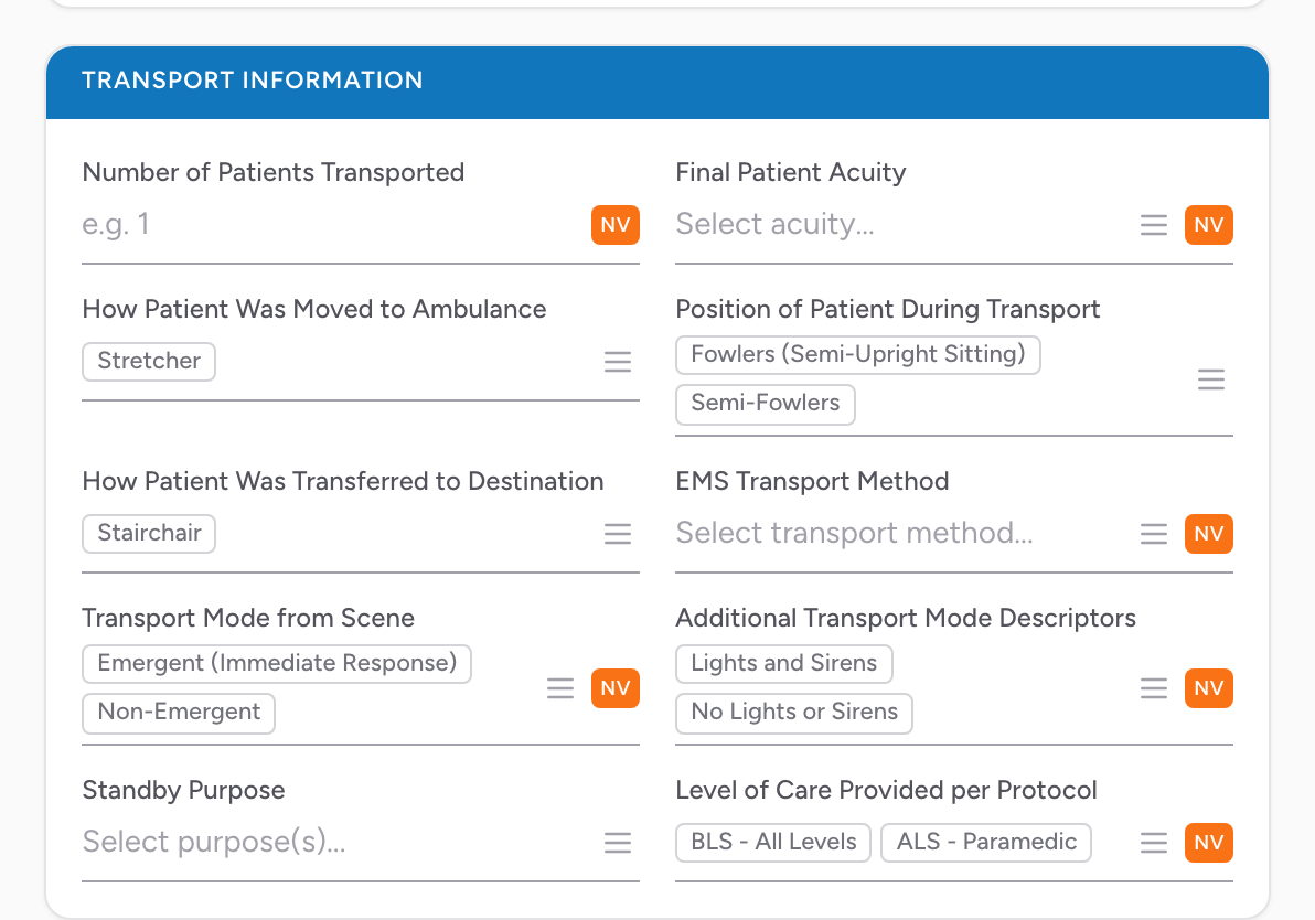 The Transport Information section on the Outcome tab with transport mode, patient position, and number of patients fields.