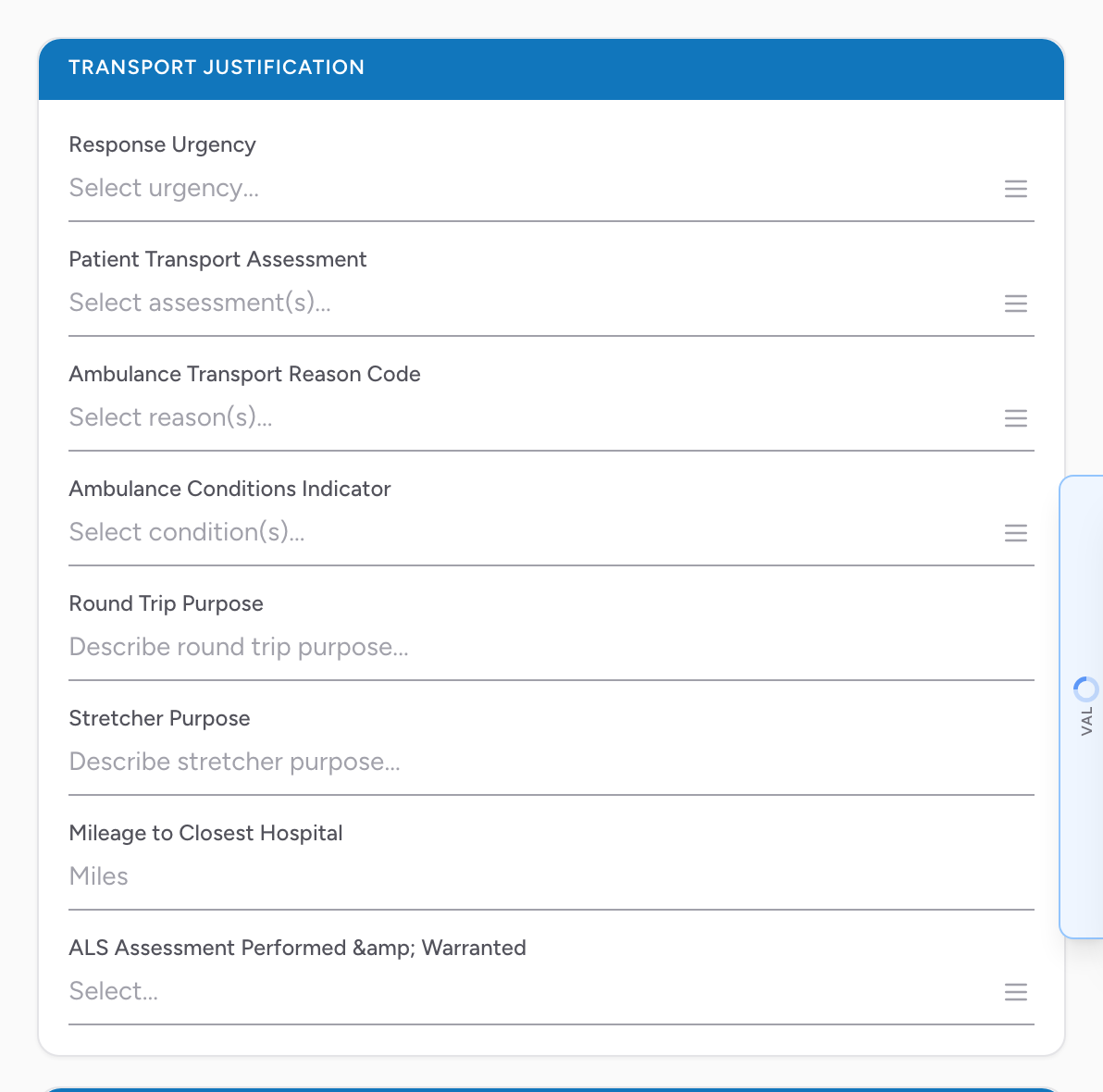 The Transport Justification section on the Billing tab for Medicare medical-necessity documentation.
