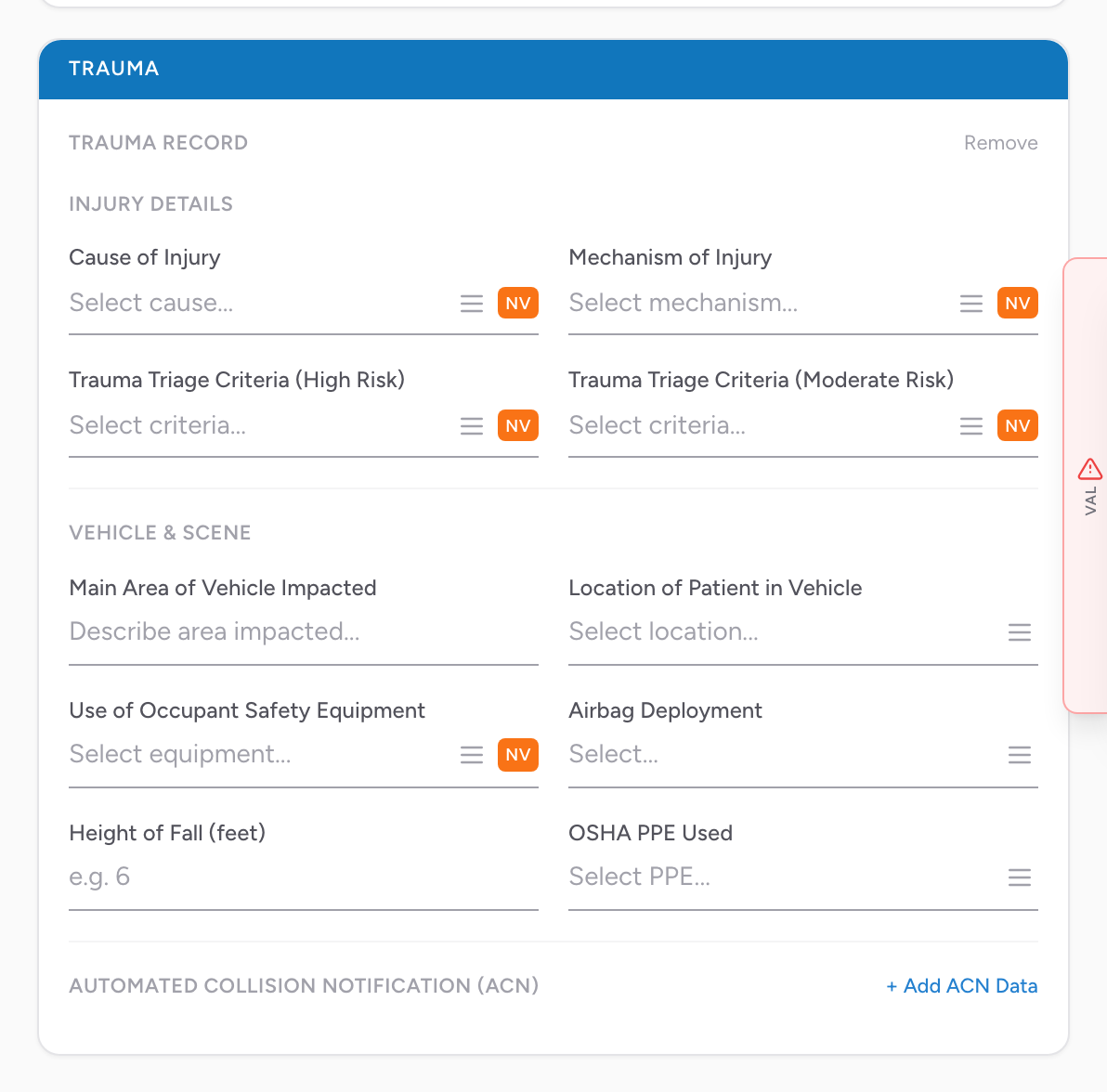 The Trauma section on the Assessment tab for mechanism of injury and trauma triage criteria.