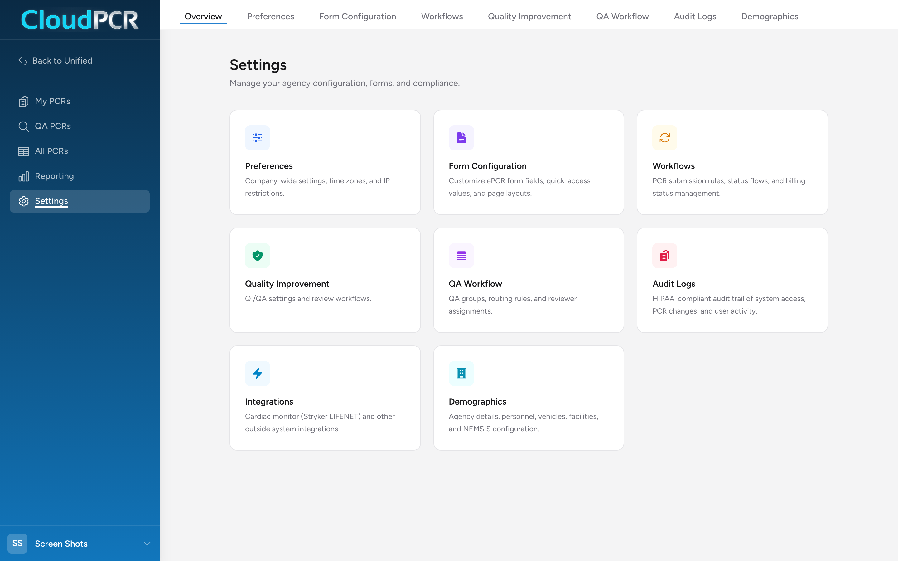 The Settings Overview page with cards for Preferences, Form Configuration, Workflows, Quality Improvement, QA Workflow, Audit Logs, Integrations, and Demographics.