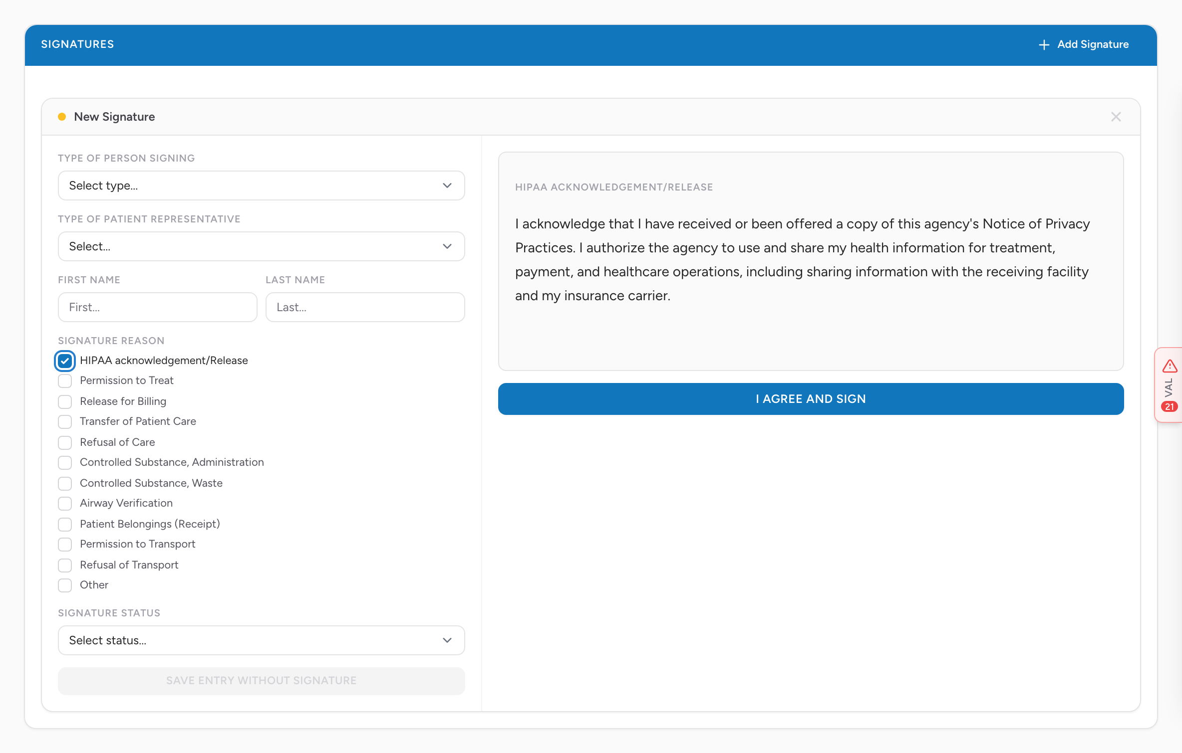 A signature card on the Signatures tab showing the agreement statement and the I Agree and Sign button in place of the signature pad.