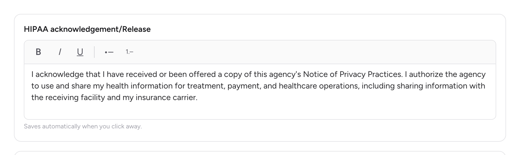 A signature reason card with its formatting toolbar and text editor.