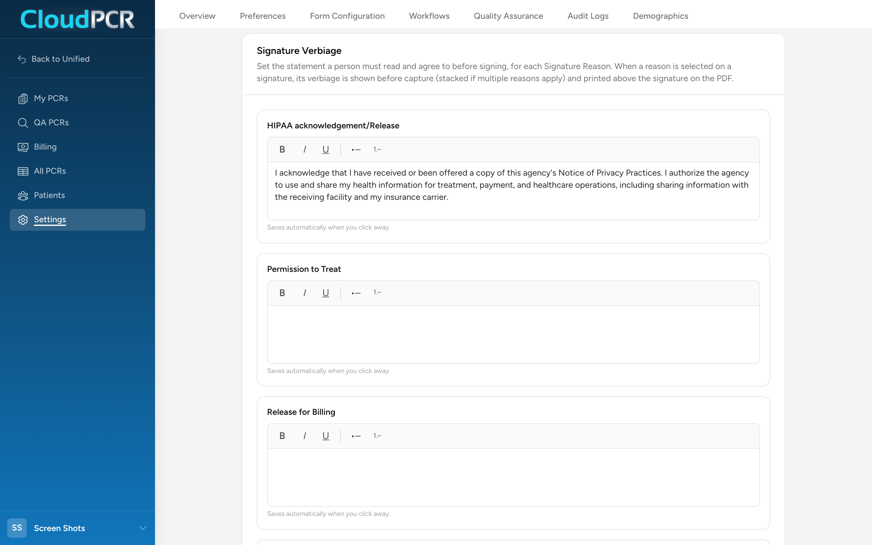 The Signature Verbiage page with one text editor per signature reason.