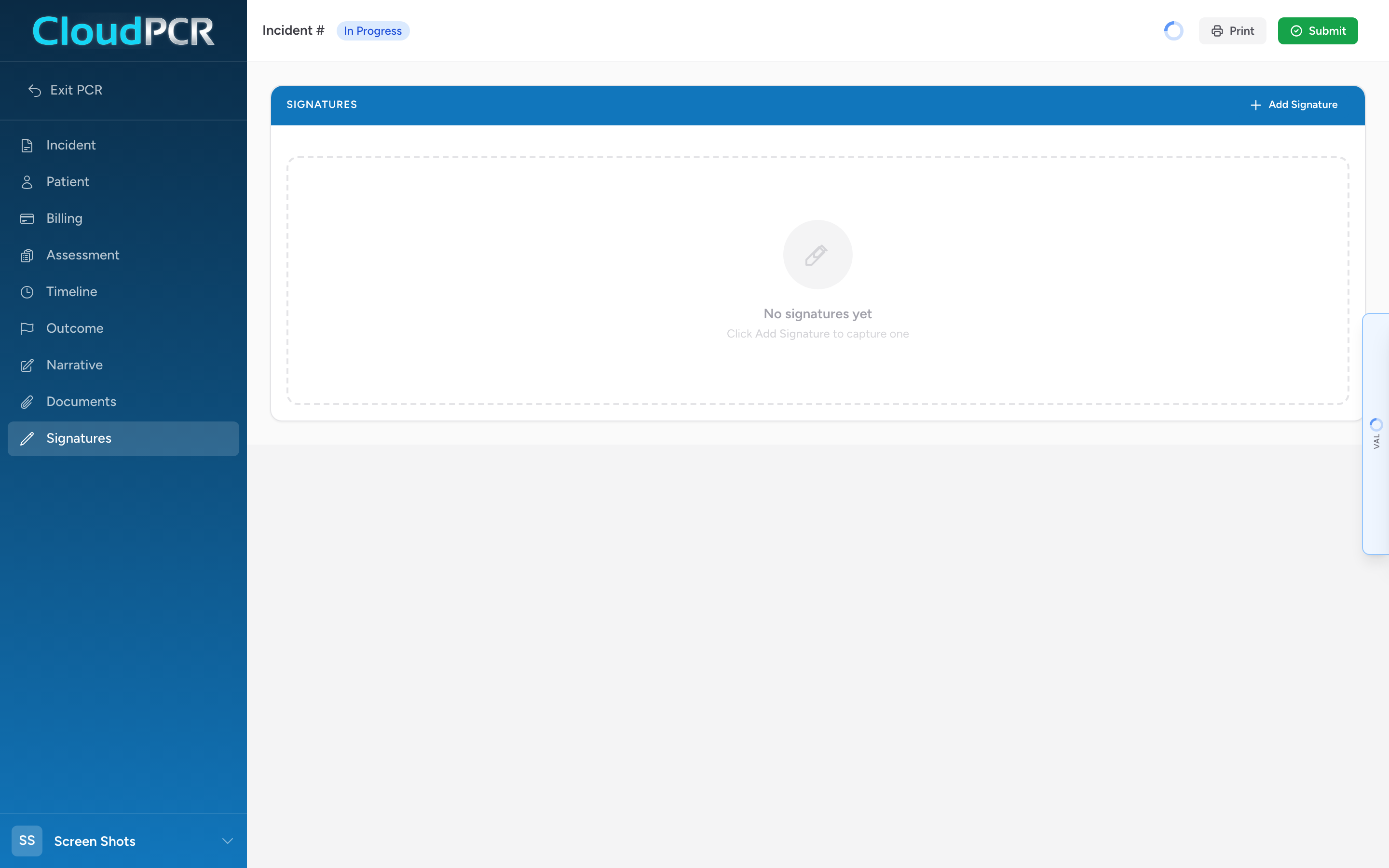 The Signatures tab of a CloudPCR record showing the Add Signature button and a signature card with signer fields on the left and a Sign Here pad on the right.