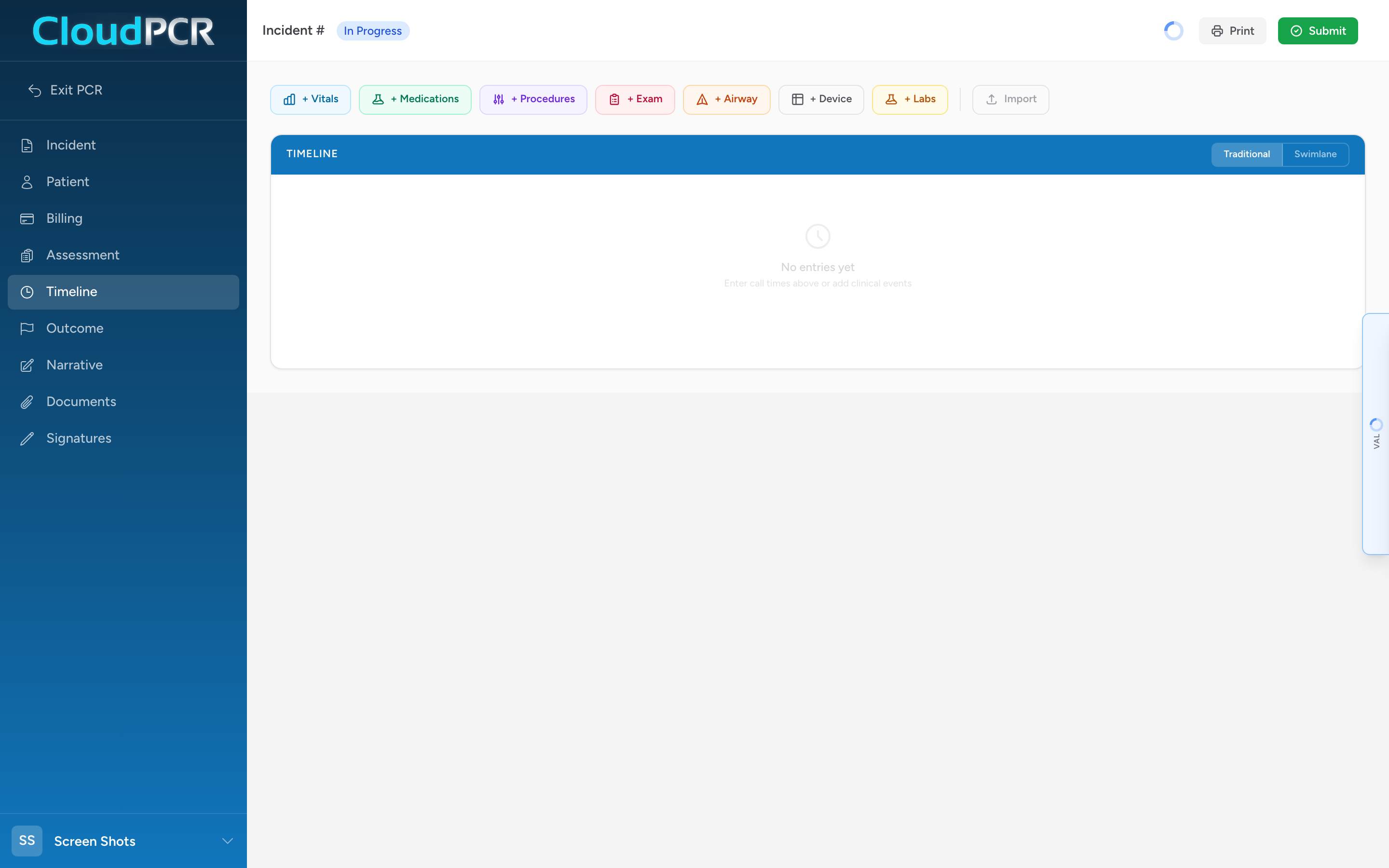 The Timeline tab of a CloudPCR record with event buttons at the top for Vitals, Medications, Procedures, Exam, Airway, Device, and Labs.