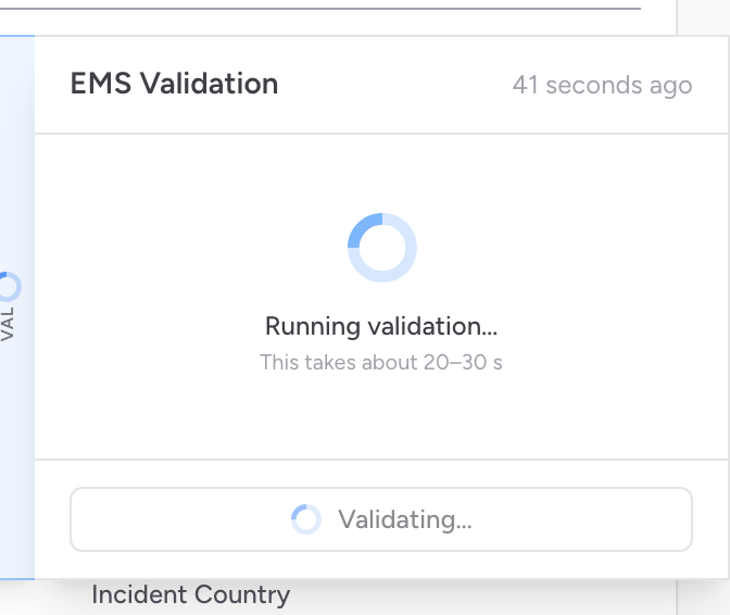 The EMS Validation panel slide-out on a CloudPCR record, listing schematron validation issues grouped by NEMSIS section.