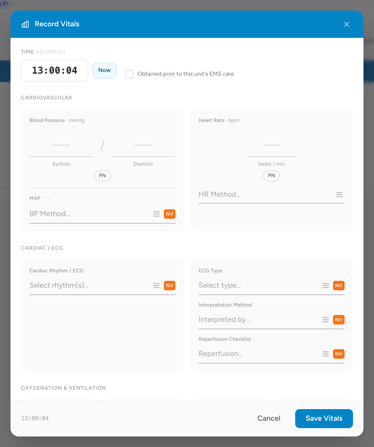 The Record Vitals modal open over the Timeline tab with fields for BP, HR, SpO2, RR, and related measurements.