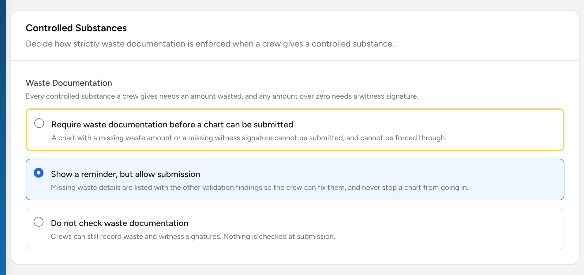 The Controlled Substances section of the CloudPCR Preferences page, with three Waste Documentation options: require documentation before submitting, show a reminder but allow submission, and do not check waste documentation.
