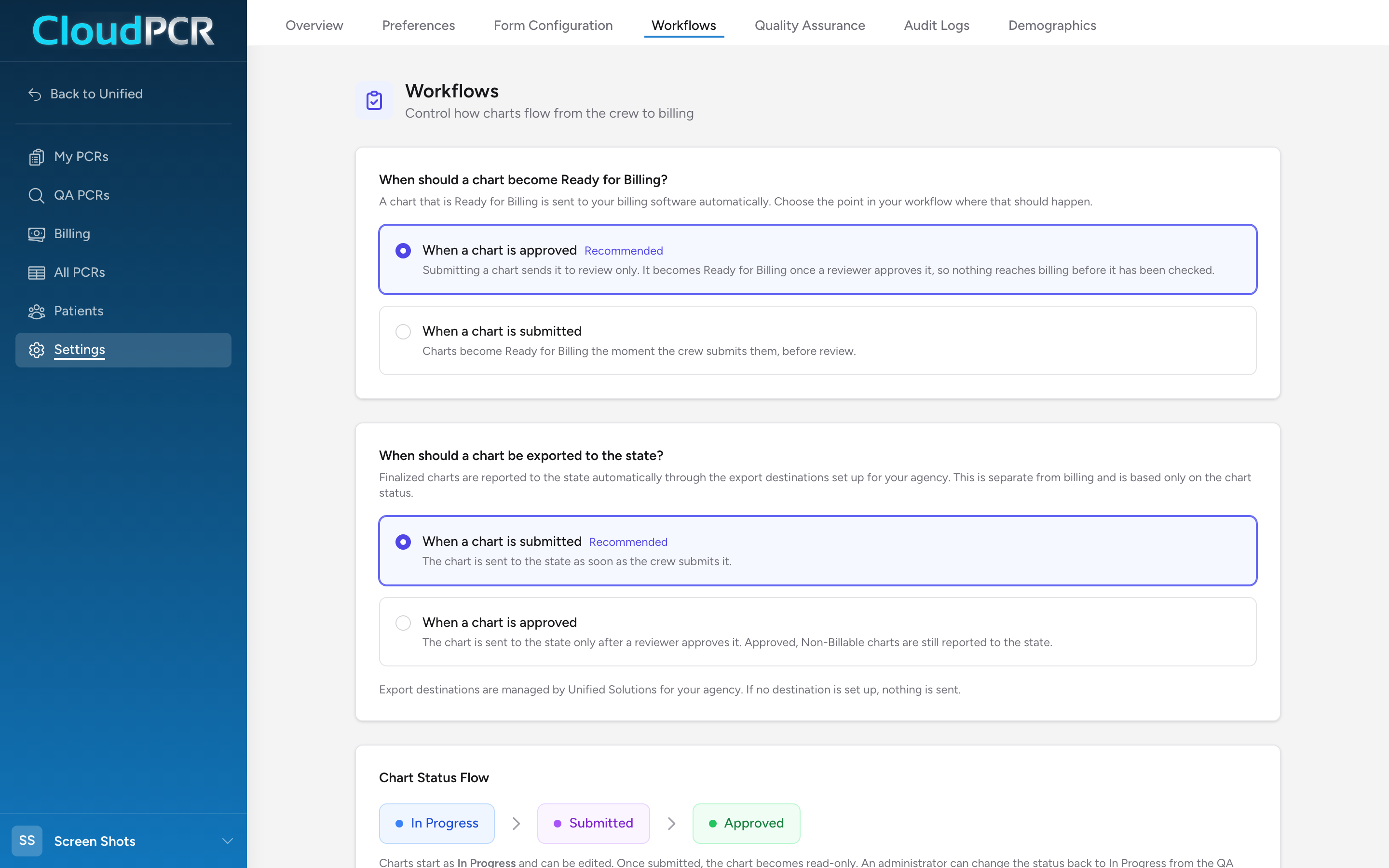The Workflows settings page with the billing trigger choice, the state export trigger choice, and the chart status flow diagram.