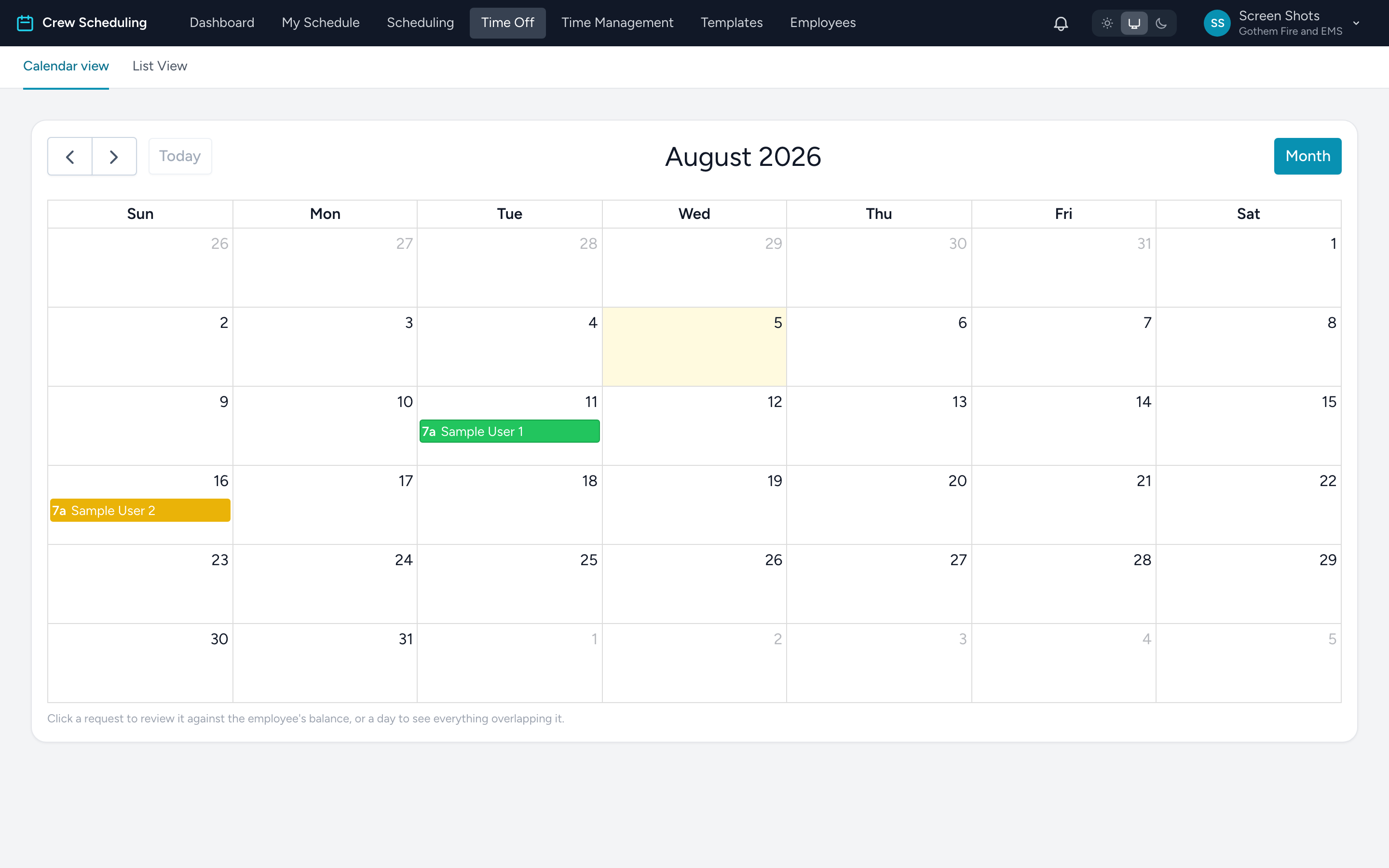 The admin Time Off calendar with requests colored by type.