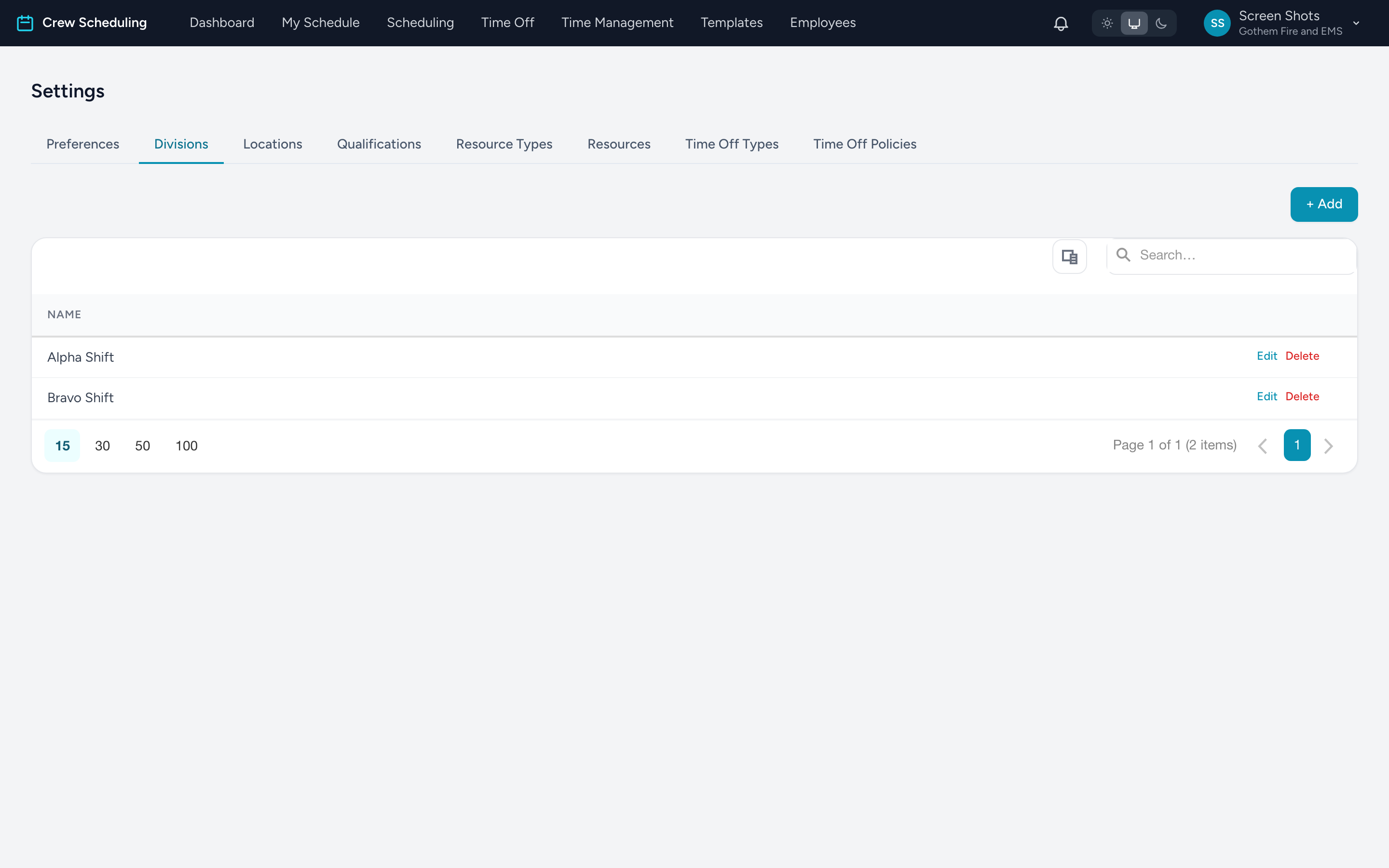 The Divisions list in Settings with the Add button and row actions.