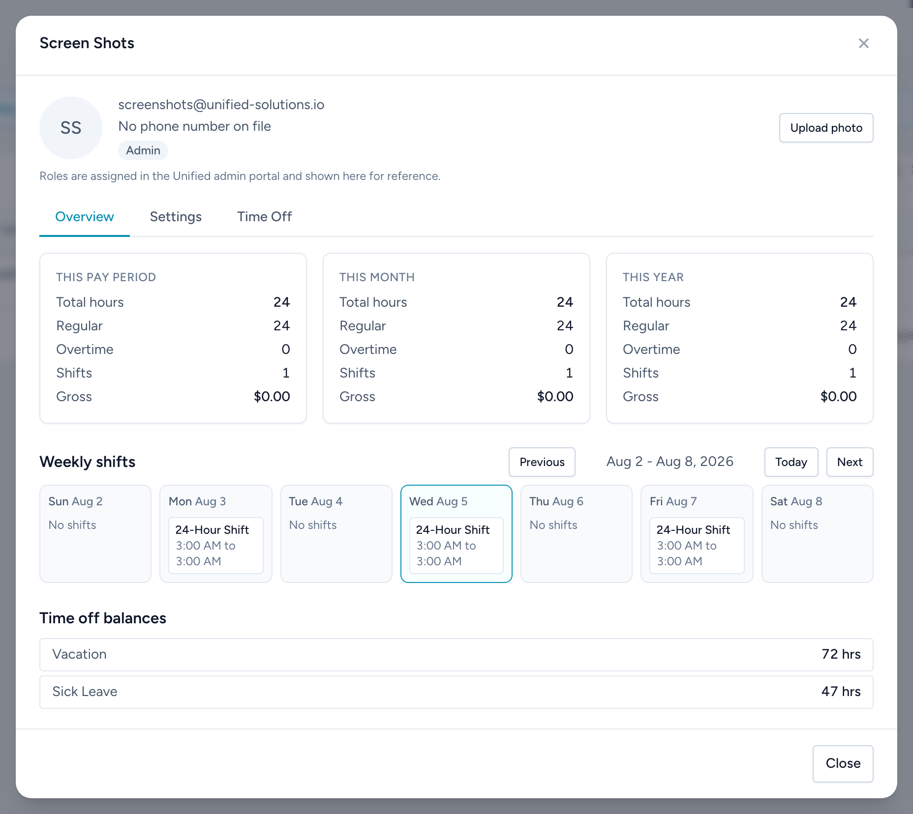 An employee profile with the photo header, tabs, and stat cards.