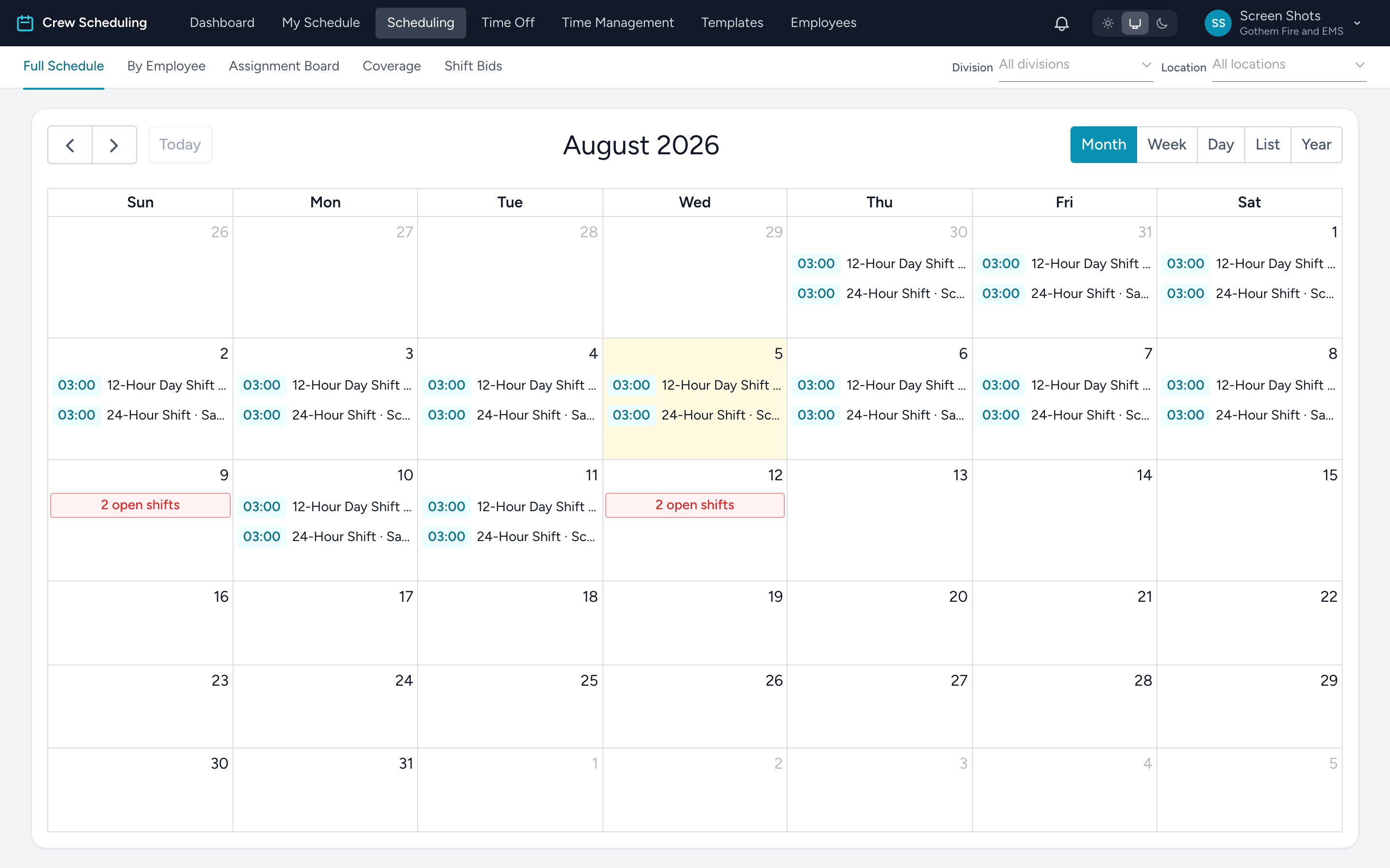 The Full Schedule month view with assigned shifts, open shifts, and the division and location filters.