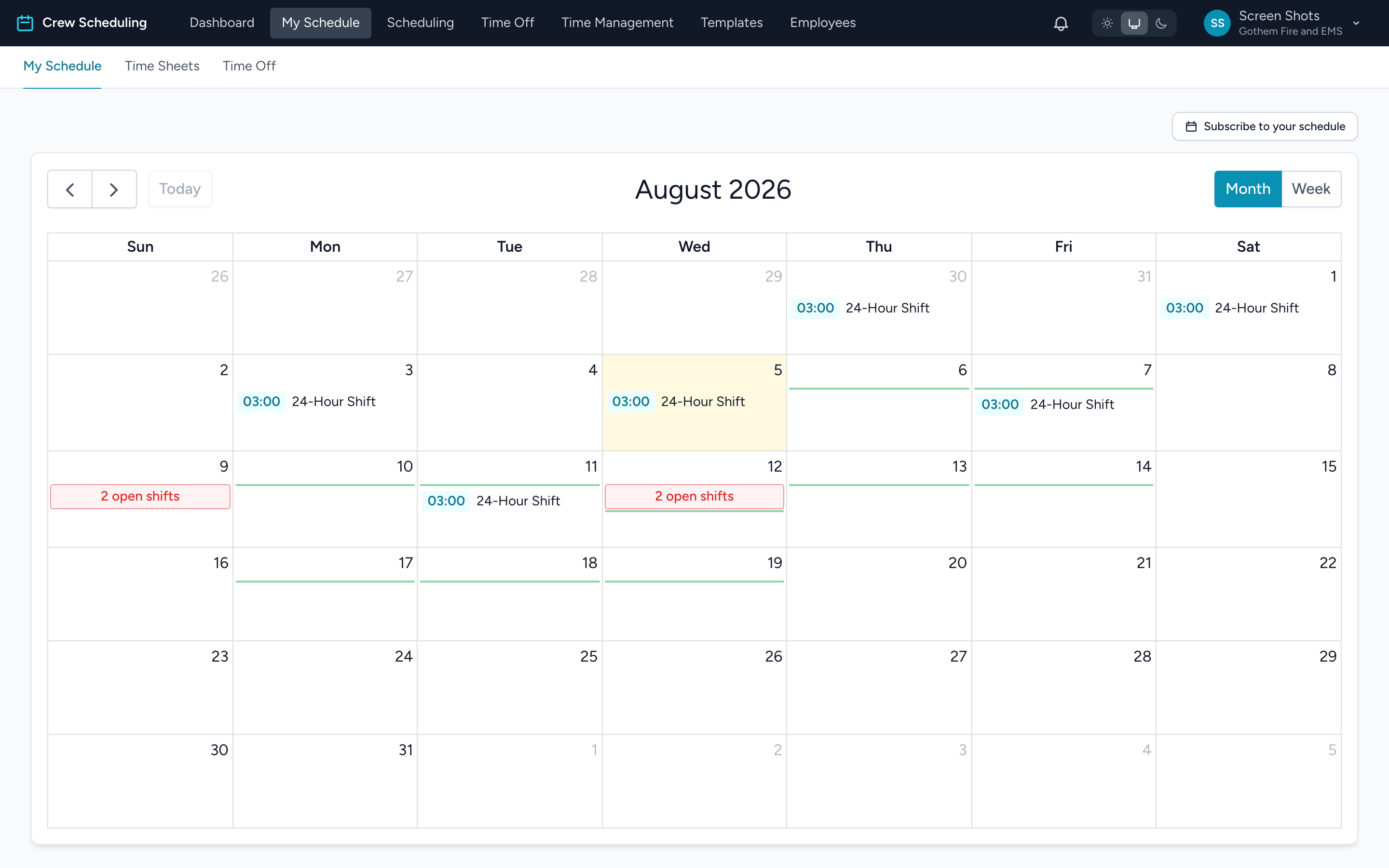 The My Schedule calendar with shifts, open shifts, and availability chips.