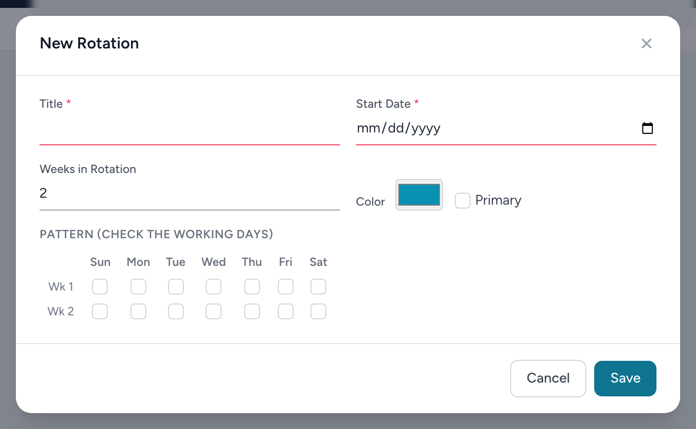 The New Rotation form with the week-by-week pattern grid.