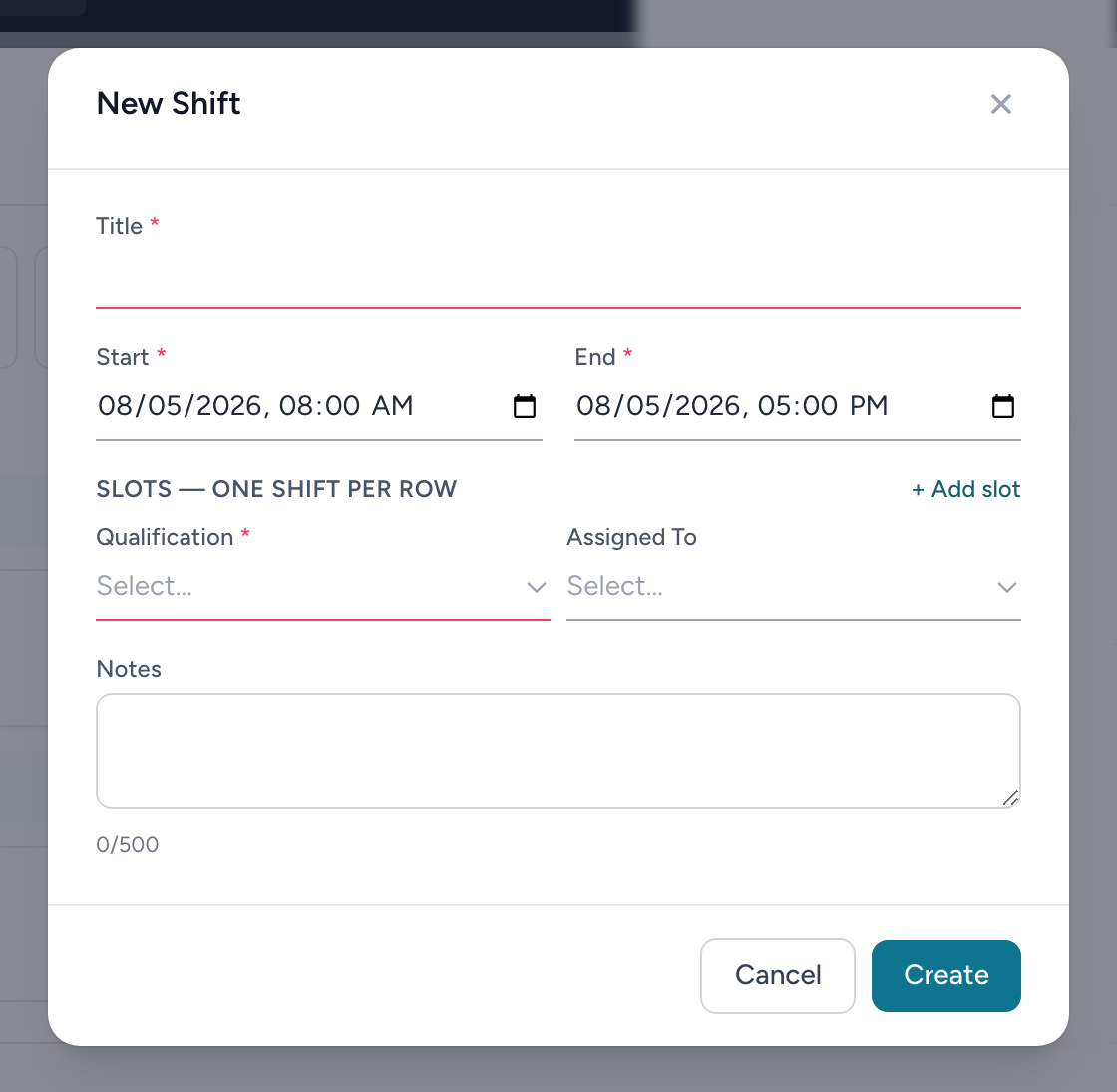 The New Shift form with title, times, and the slot rows.