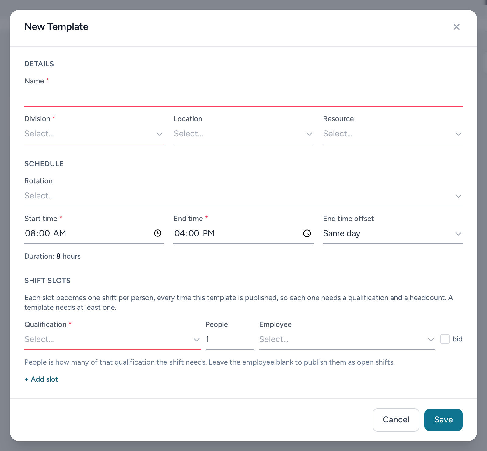 The New Template form with details, schedule, and shift slots.