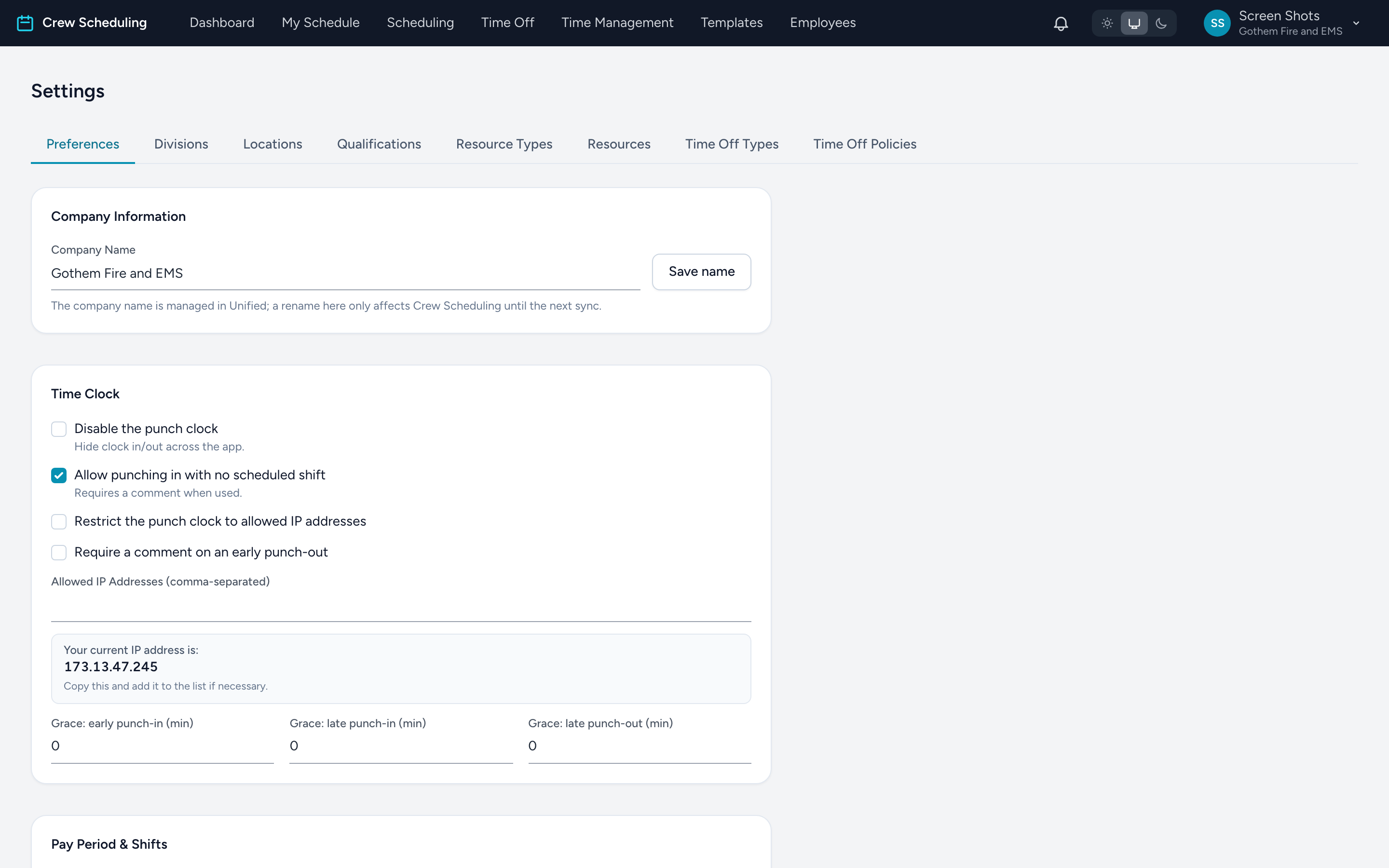 The Preferences tab with company information, time clock rules, and pay period settings.
