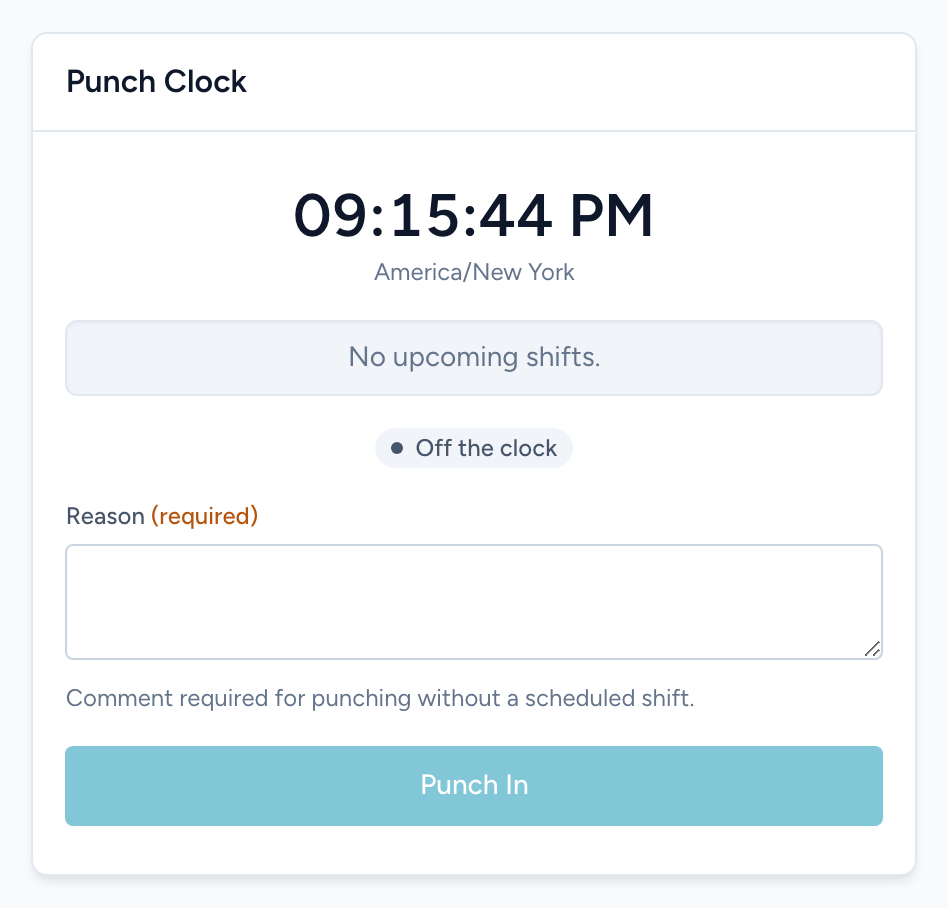 The Punch Clock card with the live clock, next shift, status badge, and punch button.