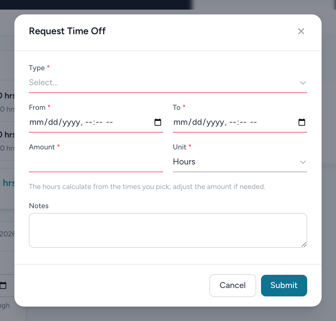 The Request Time Off form with type, dates, amount, and notes.