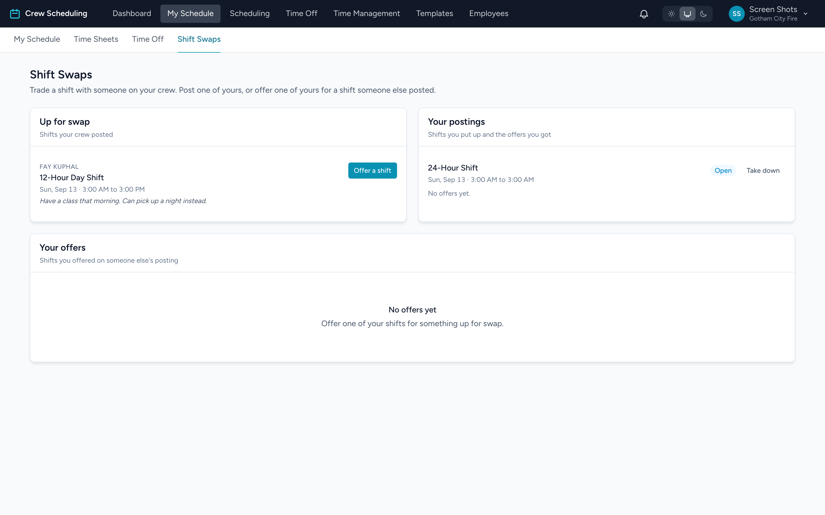The Shift Swaps tab showing the Up for swap, Your postings, and Your offers panels.