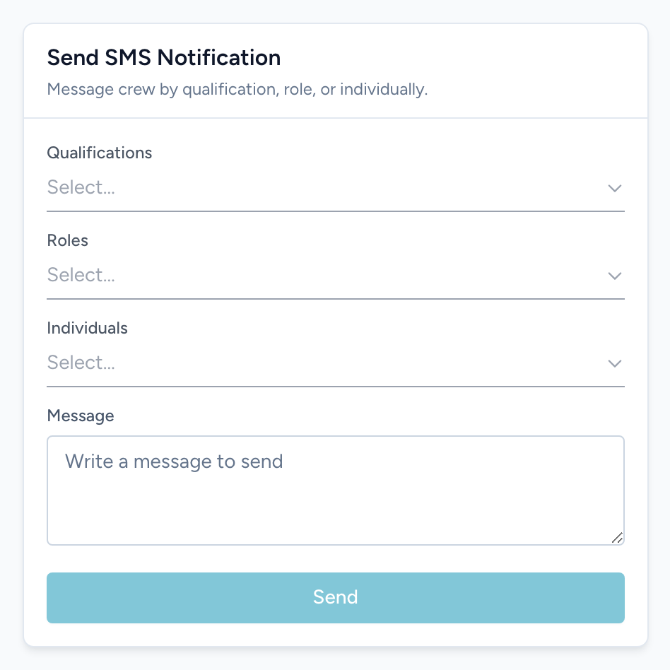 The Send SMS Notification card with the qualification, role, and individual pickers and the message box.